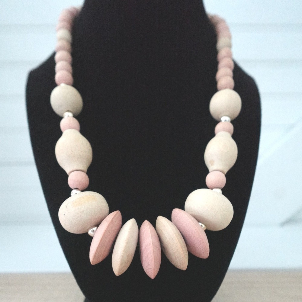 Vintage Wooden Boho Necklace Chunky Pink & White Round Beaded Jewelry 70s 80s